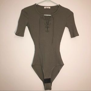 Madewell army green lace up ribbed bodysuit